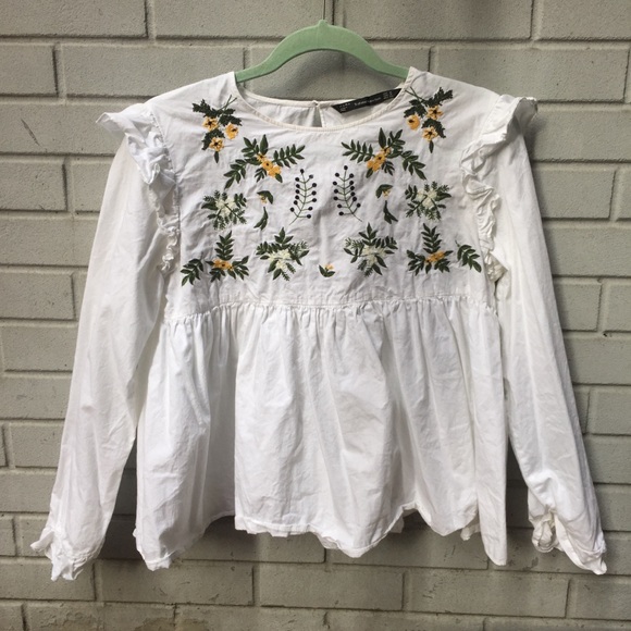 zara embroidered blouse with ruffles